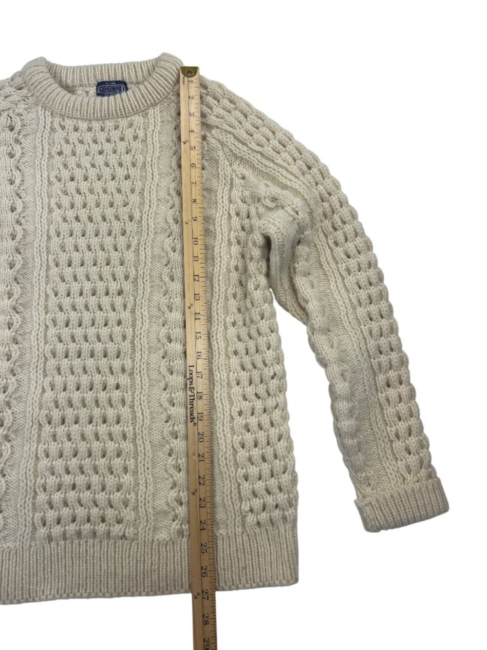 Vtg Lands’ End Irish Aran Cable Knit Fisherman Sweater Women’s L 100% Wool Cream - Picture 5 of 11